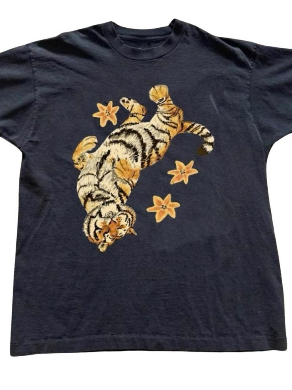 Black Tee with Relaxed Tiger & Floral Graphic